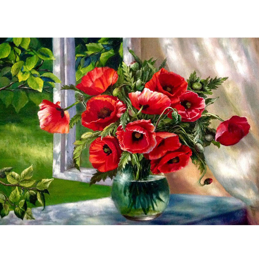 Diamond Cross Stitch 5D Diamond Embroidery Red Flower Vase Home Decor DIY Diamond Painting Flower Mosaic Picture 40*30cm